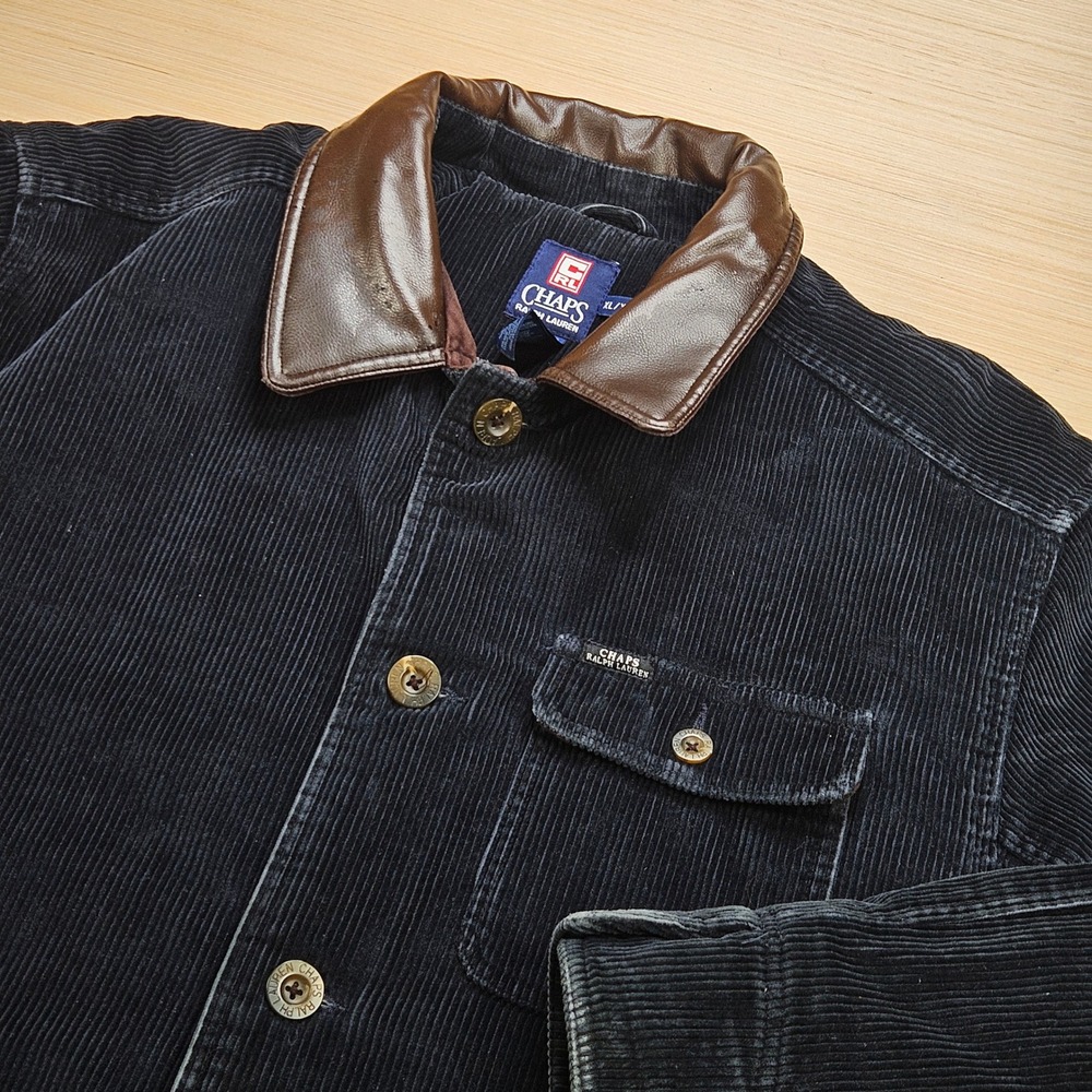 Chaps Ralph Lauren Corduroy Barn Jacket XL Navy Faux Leather Collar Plaid Lined